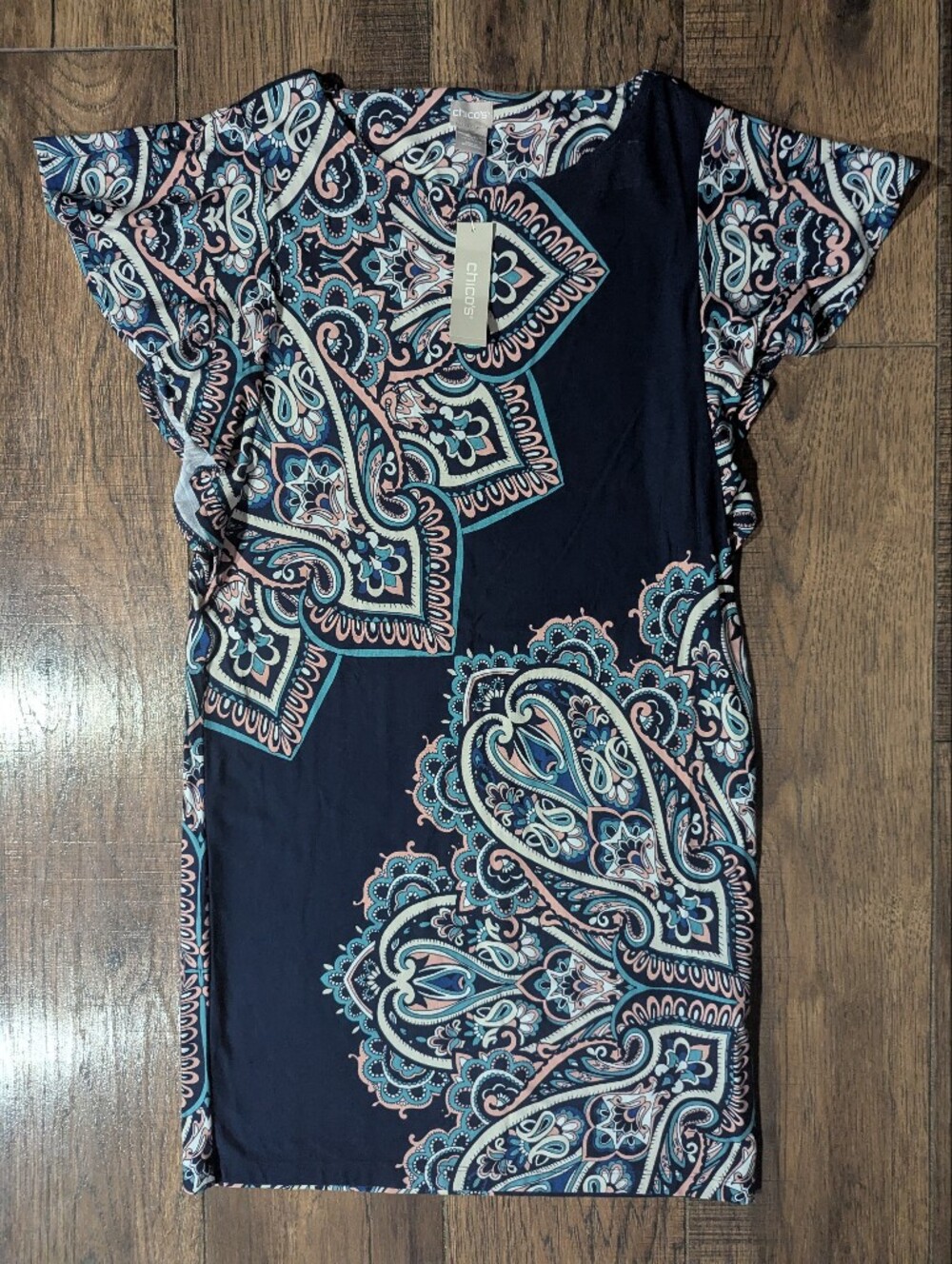 Chicos Navy Blue & Multi Color Boho Paisley Shift Dress Ornate Size S (00P) NWT
